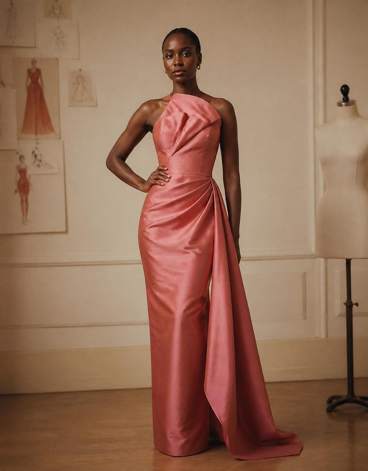 Velvet Rose signature evening gown in deep rose silk, photographed in the Limbe atelier